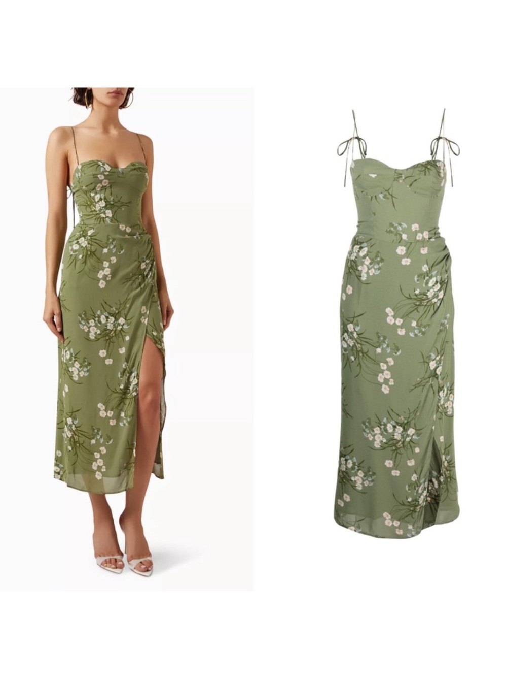 Reformation Kourtney Dress Olive Green Floral Midi